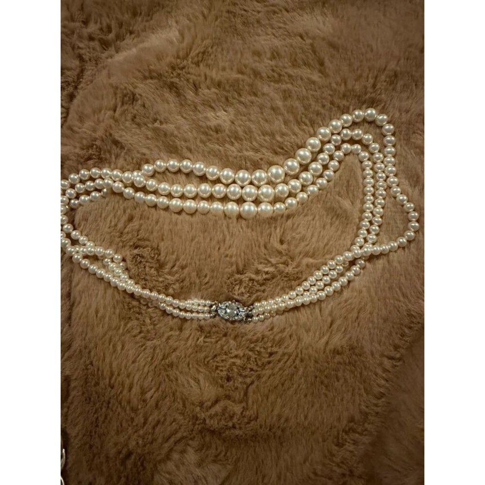 Vintage 1940s Signed Crown Trifari Sterling Silver Triple Strand Pearl Necklace
